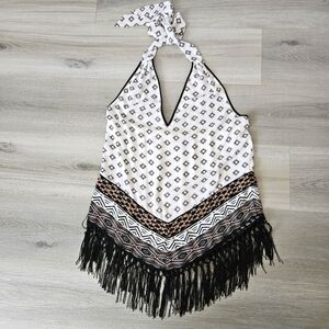 White House Black Market White Halter Top W/ Fringe, Boho Style Sz M